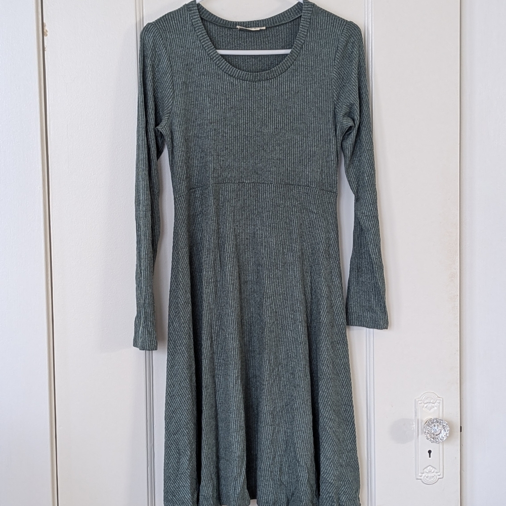 Ribbed Long-Sleeve Fit & Flare Dress in Heathered Green